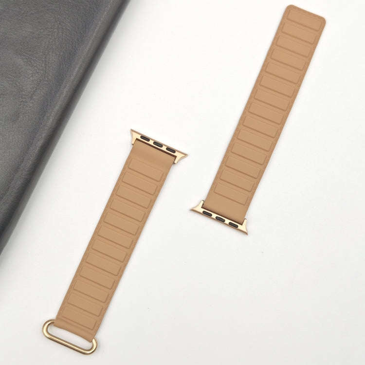 For Apple Watch SE 2022 44mm Reverse Buckle Magnetic Silicone Watch Band(Rose Buckle Milk Apricot)