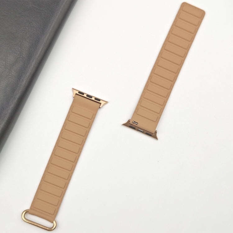 For Apple Watch SE 2022 44mm Reverse Buckle Magnetic Silicone Watch Band(Rose Buckle Milk Apricot)
