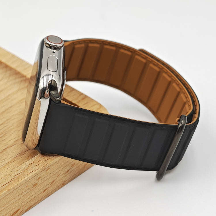 For Apple Watch SE 40mm Reverse Buckle Magnetic Silicone Watch Band(Black Buckle Black Brown)