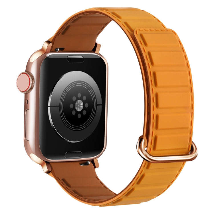 For Apple Watch 42mm Reverse Buckle Magnetic Silicone Watch Band(Rose Buckle Poppy Brown)