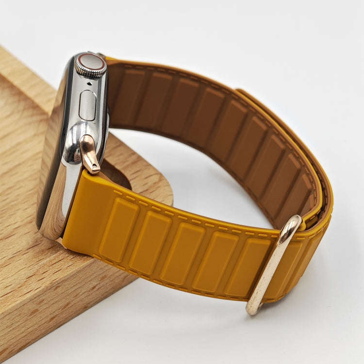 For Apple Watch 42mm Reverse Buckle Magnetic Silicone Watch Band(Rose Buckle Poppy Brown)