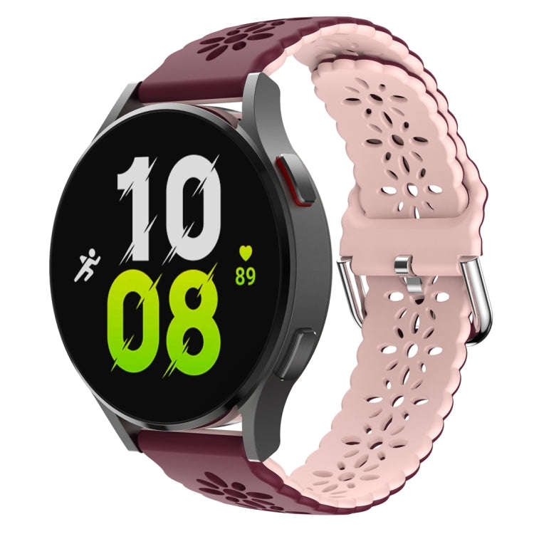 For Samsung Galaxy Watch 6 / 6 Classic Two Color Plum Blossom Hollowed Silicone Watch Band(Wine R...
