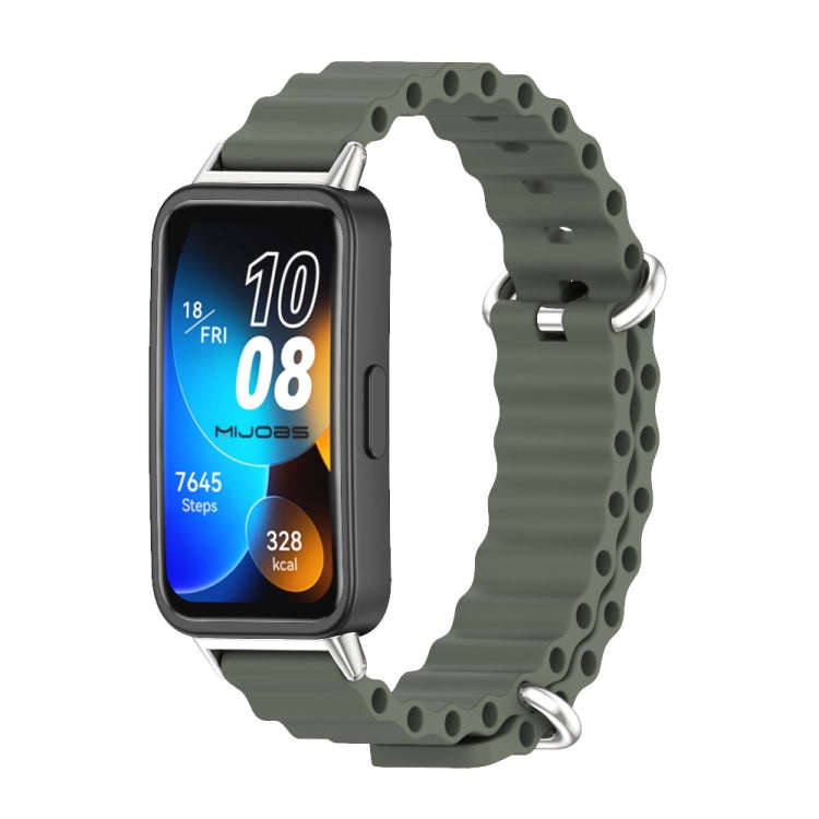 For Huawei Band 8 / 9 / 10 Mijobs Marine Silicone Breathable Watch Band(Khaki Green+Silver)