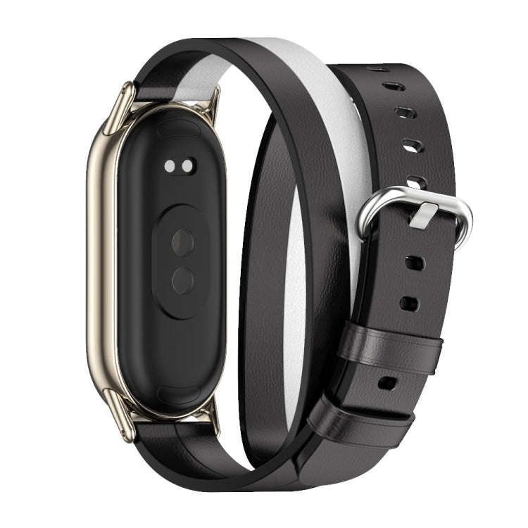 For Xiaomi Mi Band 8 / 9 / 9 NFC Mijobs Double-Loop Leather Watch Band(Black+White+Light Gold)