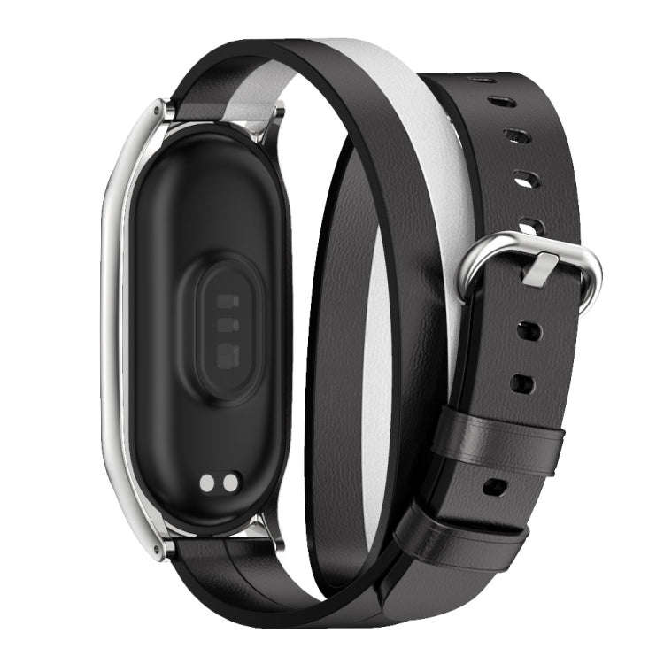 For Xiaomi Mi Band 8 Mijobs Plus Case Double-Loop Leather Watch Band(Black+White+Silver)