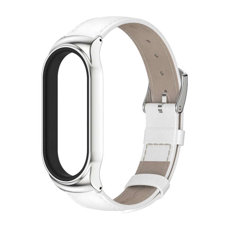 For Xiaomi Mi Band 8 Mijobs CS Case Genuine Leather Top Layer Cowhide Watch Band(White Silver)