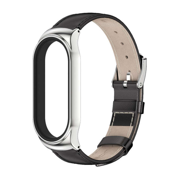 For Xiaomi Mi Band 8 Mijobs CS Case Genuine Leather Top Layer Cowhide Watch Band(Black Silver)