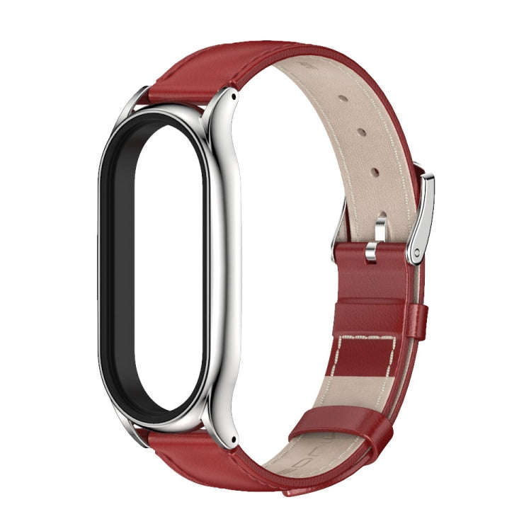 For Xiaomi Mi Band 8 Mijobs Plus Case Genuine Leather Watch Band(Red Silver)