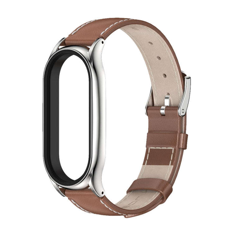 For Xiaomi Mi Band 8 Mijobs Plus Case Genuine Leather Watch Band(Brown Silver)