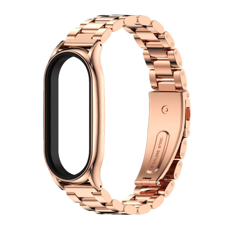 For Xiaomi Mi Band 8 Mijobs Plus Case Three Bead Metal Stainless Steel Watch Band(Rose Gold)