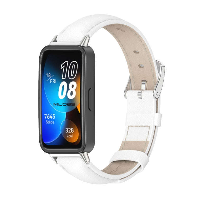 For Huawei Band 8 / 9 / 10 Mijobs Cowhide Leather Watch Band(White Silver)
