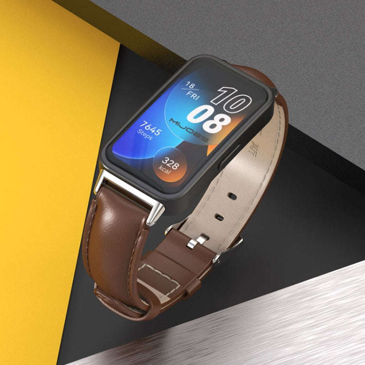 For Huawei Band 8 / 9 / 10 Mijobs Cowhide Leather Watch Band(Bamboo Coffee Silver)