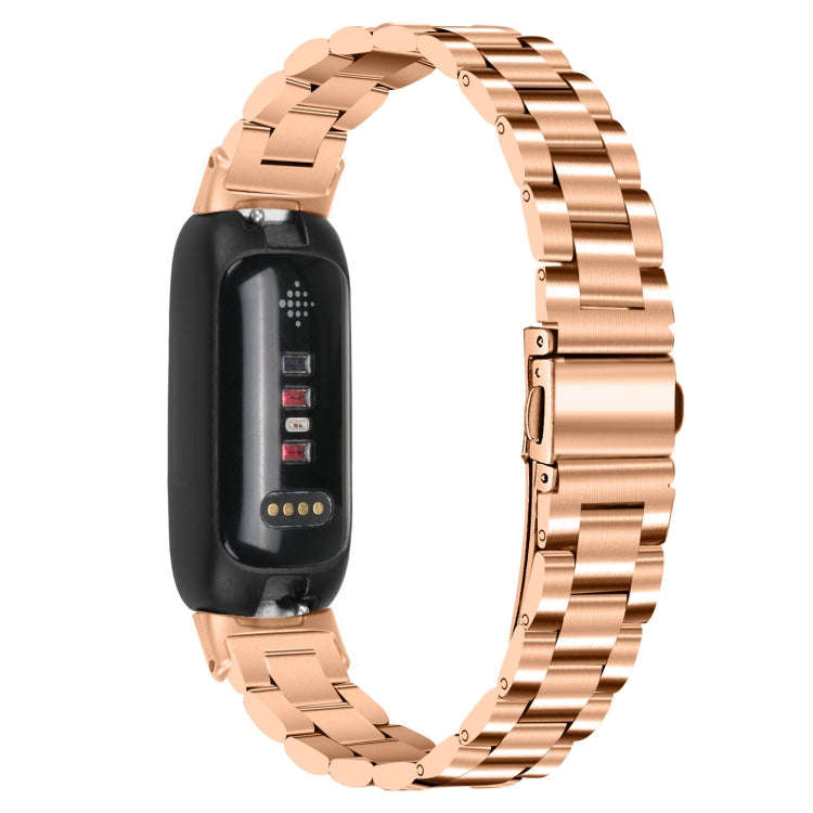 For Fitbit Inspire 3 Three Bead Flat Buckle Stainless Steel Watch Band(Rose Gold)