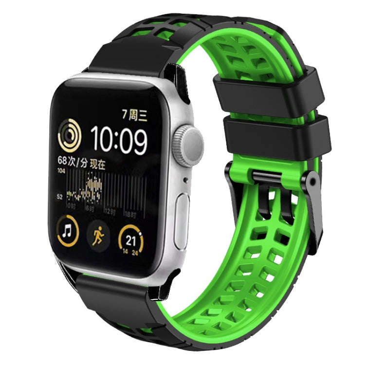 For Apple Watch Series 5 44mm Twill Dual-row Buckle Silicone Watch Band(Black Green)
