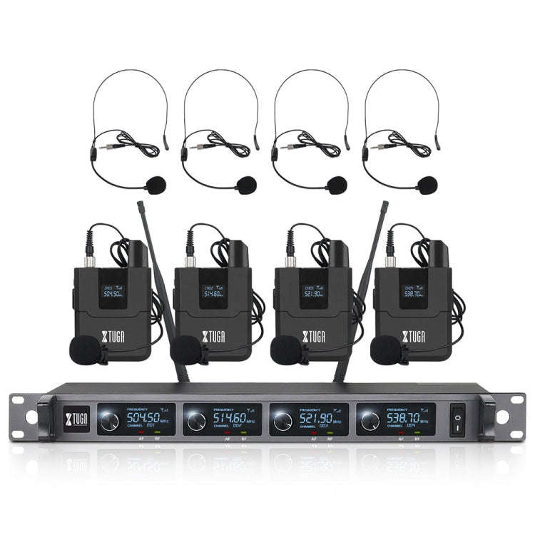 XTUGA A140-B Wireless Microphone System 4 BodyPack Headset Lavalier Microphone(UK Plug)