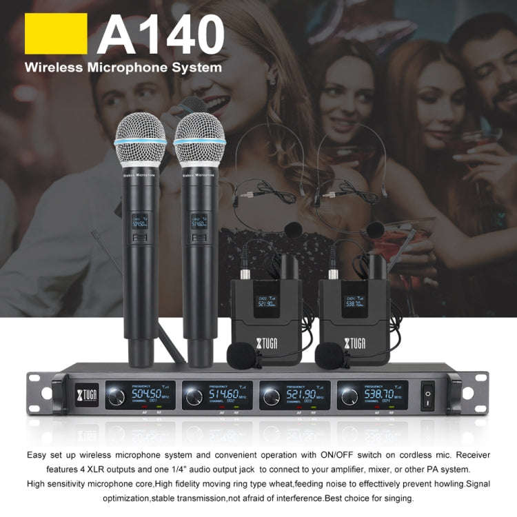 XTUGA A140-B Wireless Microphone System 4 BodyPack Headset Lavalier Microphone(US Plug)