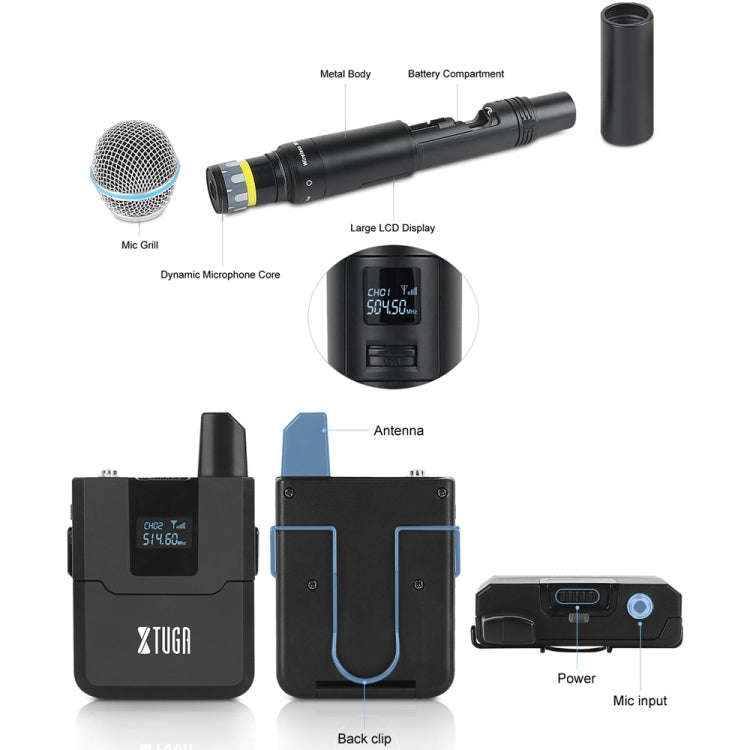 XTUGA A140-B Wireless Microphone System 4 BodyPack Headset Lavalier Microphone(US Plug)