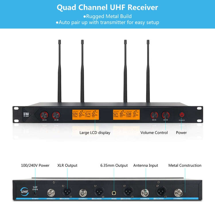 XTUGA A400-H Professional 4-Channel UHF Wireless Microphone System with 4 Handheld Microphone(US ...