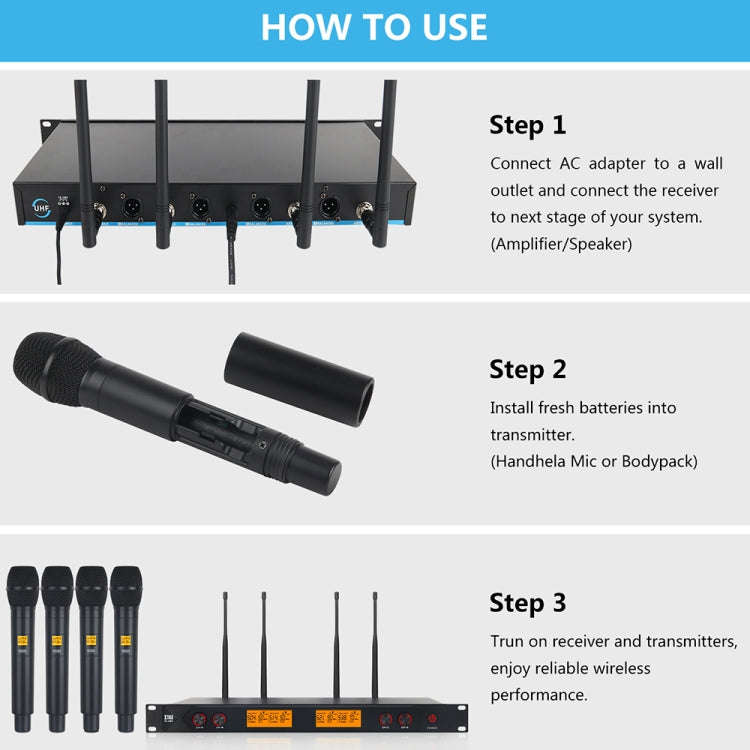 XTUGA A400-H Professional 4-Channel UHF Wireless Microphone System with 4 Handheld Microphone(US ...