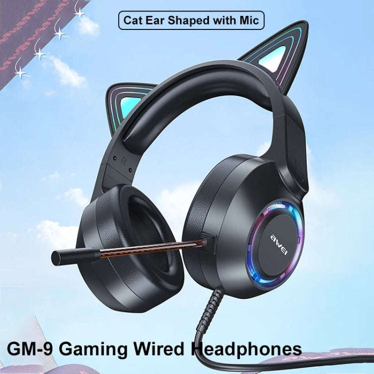 AWEI GM-9 Cat Ear Colorful Light Wired Gaming Headset with Mic, Cable Length: 2m(Black)