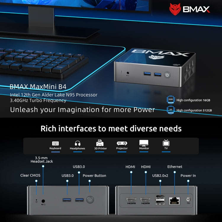 BMAX B4 Windows 11 Mini PC, 16GB+512GB, Intel Alder Lake N95, Support Dual HDMI / RJ45(US Plug)