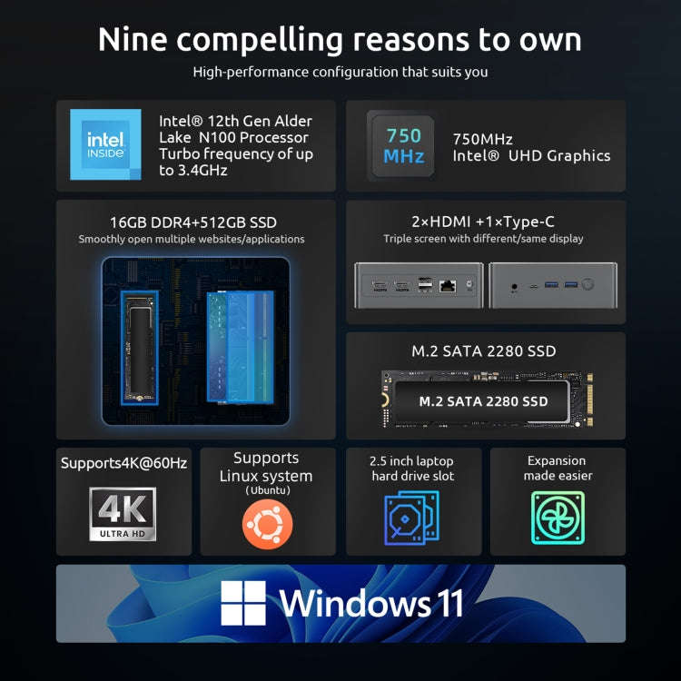 BMAX B4 Plus Windows 11 Mini PC, 16GB+512GB, Intel Alder Lake N100, Support Dual HDMI / RJ45(EU P...