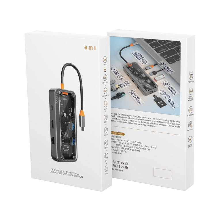 SW8V 8 in 1 Type-C to USB + HDMI + RJ45 + SD/TF HUB Docking Station(Grey)
