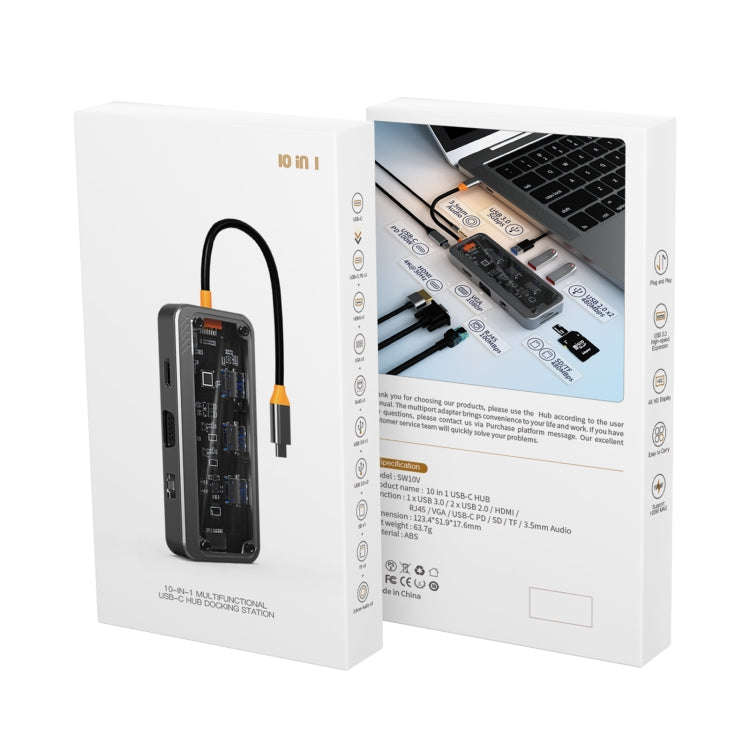 SW10V 10 in 1 Type-C to USB + HDMI + VGA + RJ45 + SD/TF + Audio 3.5 HUB Docking Station(Grey)