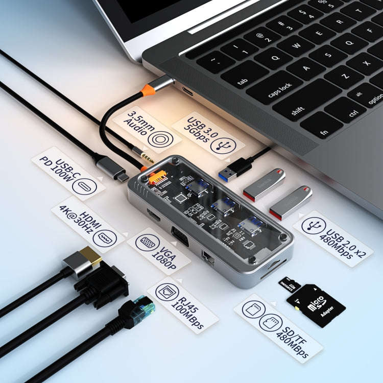 SW10V 10 in 1 Type-C to USB + HDMI + VGA + RJ45 + SD/TF + Audio 3.5 HUB Docking Station(Grey)