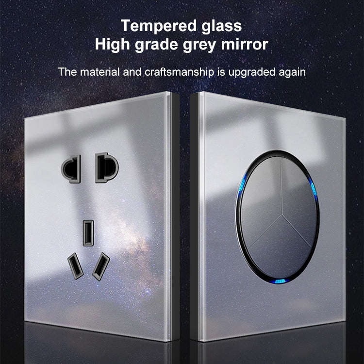86mm Round LED Tempered Glass Switch Panel, Gray Round Glass, Style:Computer Socket