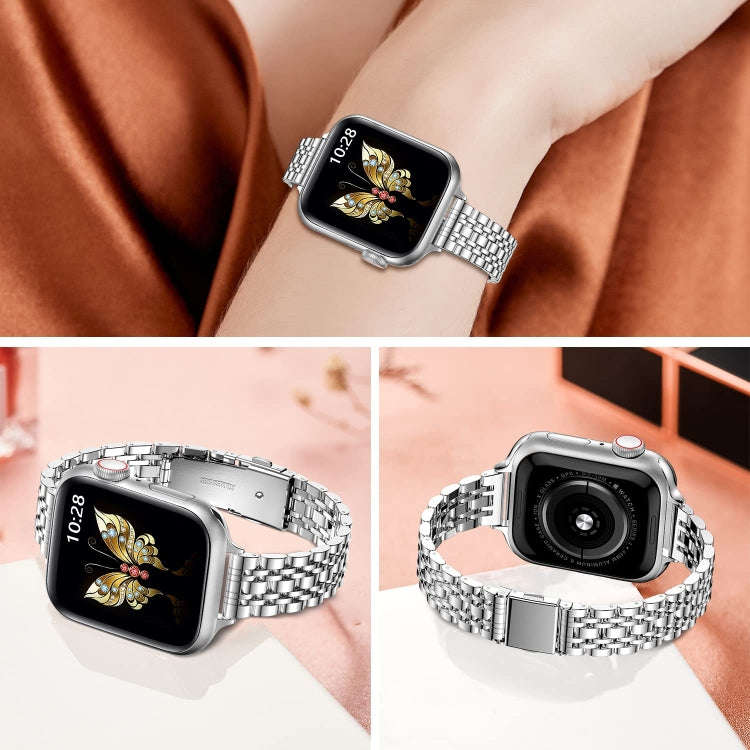 For Apple Watch Series 8 41mm Slim Seven Bead Slingshot Buckle Metal Watch Band(Silver)