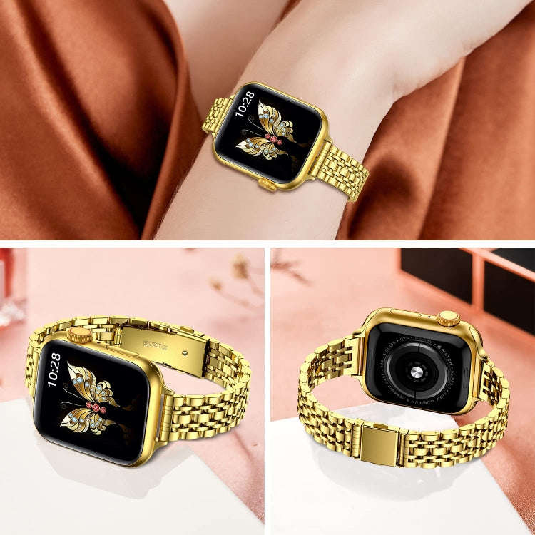 For Apple Watch Series 7 41mm Slim Seven Bead Slingshot Buckle Metal Watch Band(Gold)