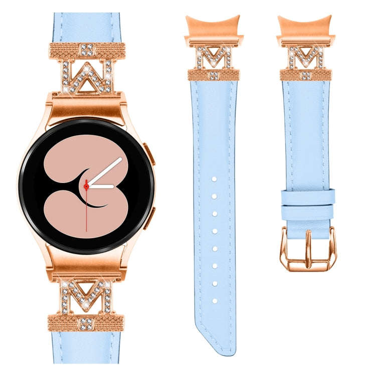 For Samsung Galaxy Watch6 / 6 Classic M Letter D-shaped Twill Leather Watch Band(Rose Gold Blue)