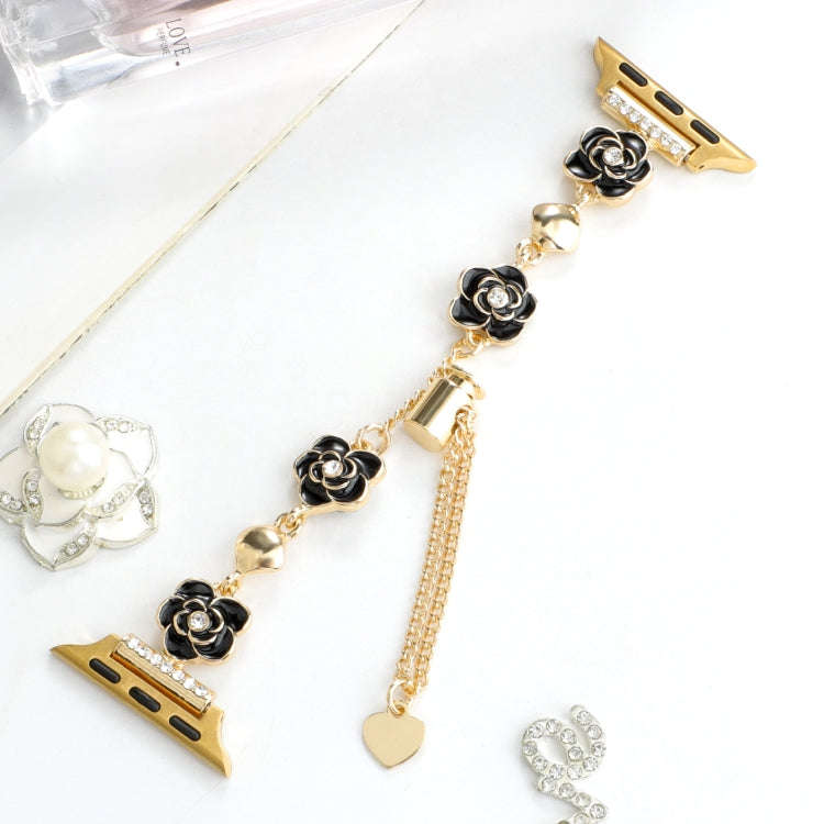 For Apple Watch Series 9 41mm Camellia Metal Chain Bracelet Watch Band(Black Gold)