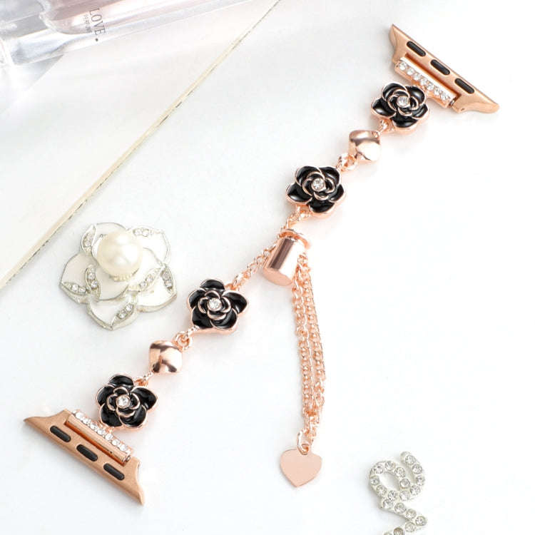 For Apple Watch Series 9 41mm Camellia Metal Chain Bracelet Watch Band(Black Rose Gold)