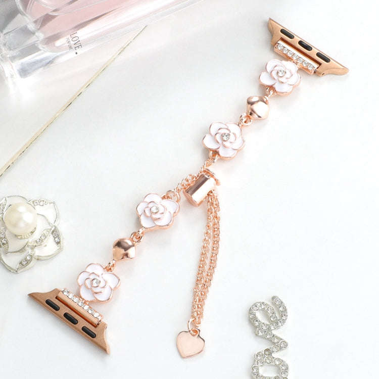 For Apple Watch Series 9 41mm Camellia Metal Chain Bracelet Watch Band(White Rose Gold)