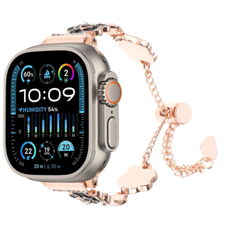 For Apple Watch Ultra 49mm Camellia Metal Chain Bracelet Watch Band(Black Rose Gold)