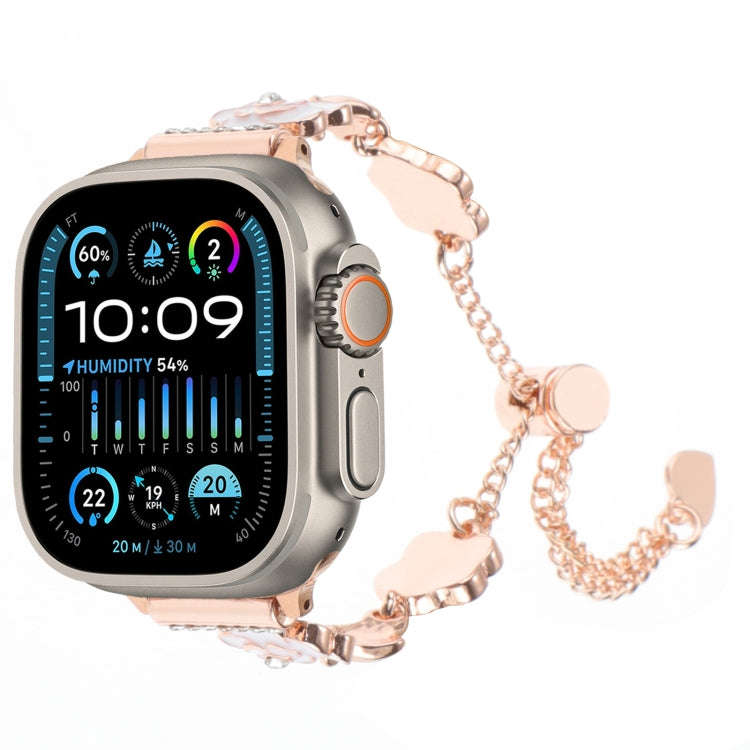 For Apple Watch Ultra 49mm Camellia Metal Chain Bracelet Watch Band(White Rose Gold)