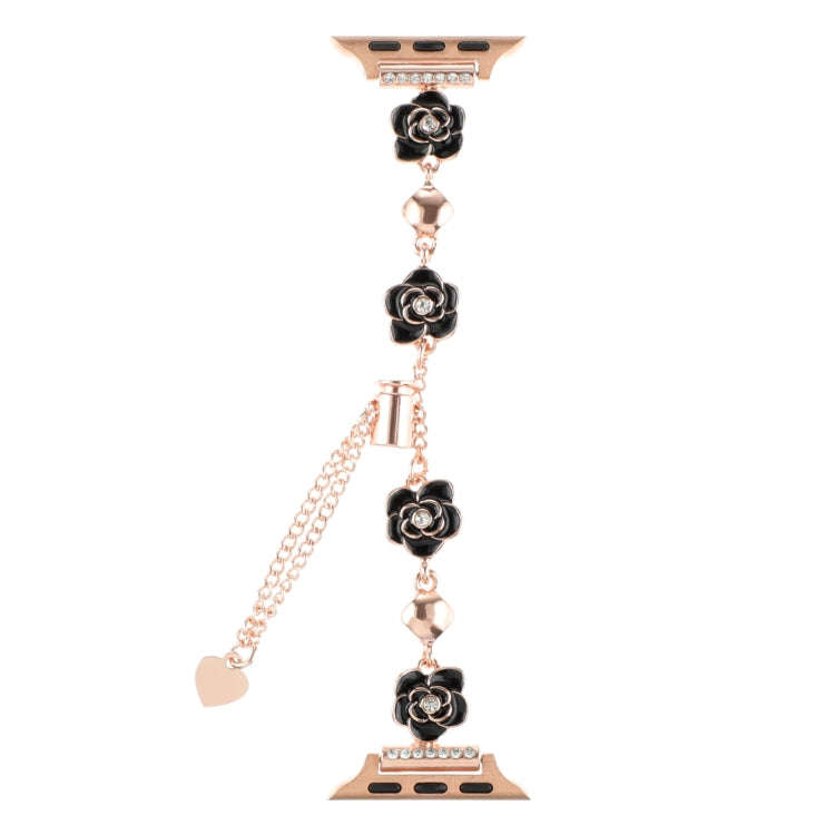 For Apple Watch SE 44mm Camellia Metal Chain Bracelet Watch Band(Black Rose Gold)