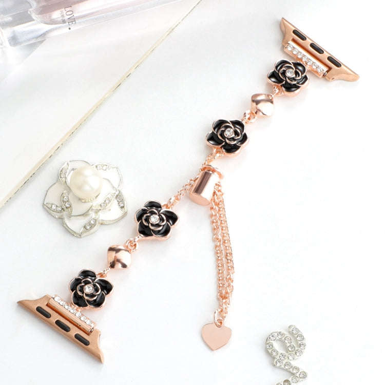 For Apple Watch SE 44mm Camellia Metal Chain Bracelet Watch Band(Black Rose Gold)