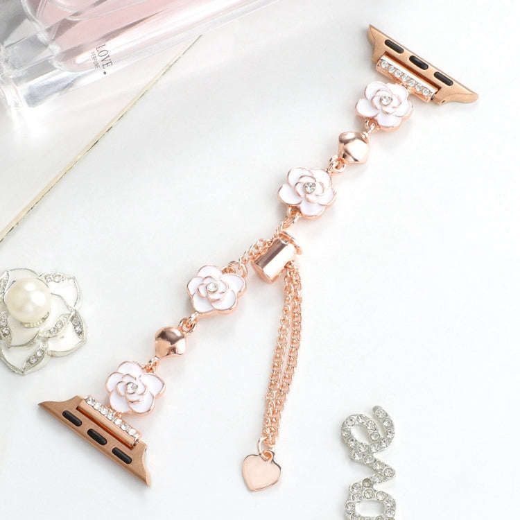 For Apple Watch Series 6 44mm Camellia Metal Chain Bracelet Watch Band(White Rose Gold)