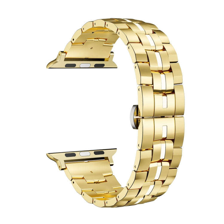 For Apple Watch SE 2023 44mm Butterfly Buckle 5-Beads Metal Watch Band(Gold White)