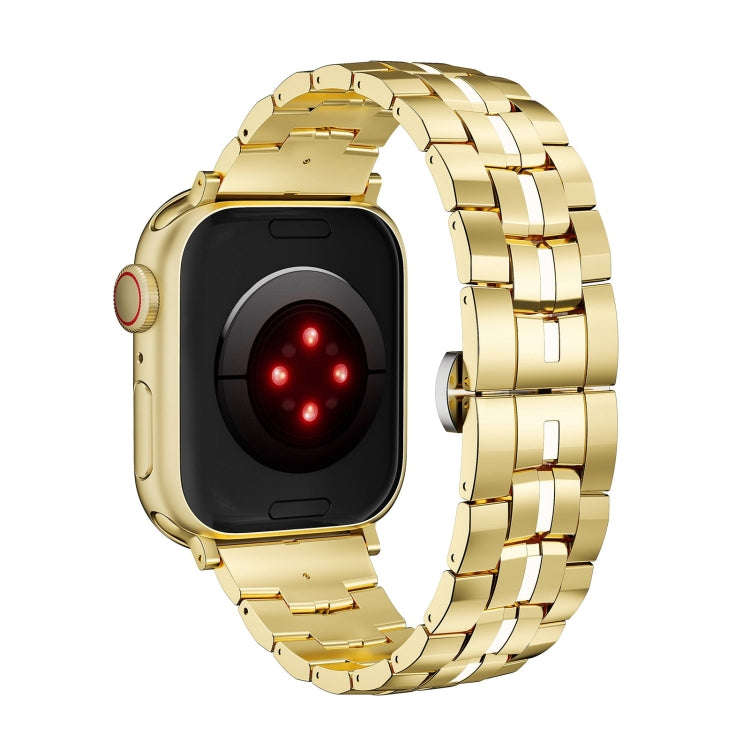 For Apple Watch SE 2023 44mm Butterfly Buckle 5-Beads Metal Watch Band(Gold White)