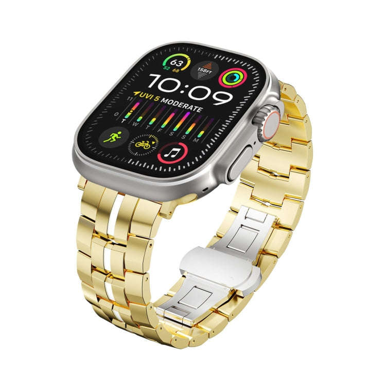 For Apple Watch Ultra 49mm Butterfly Buckle 5-Beads Metal Watch Band(Gold White)