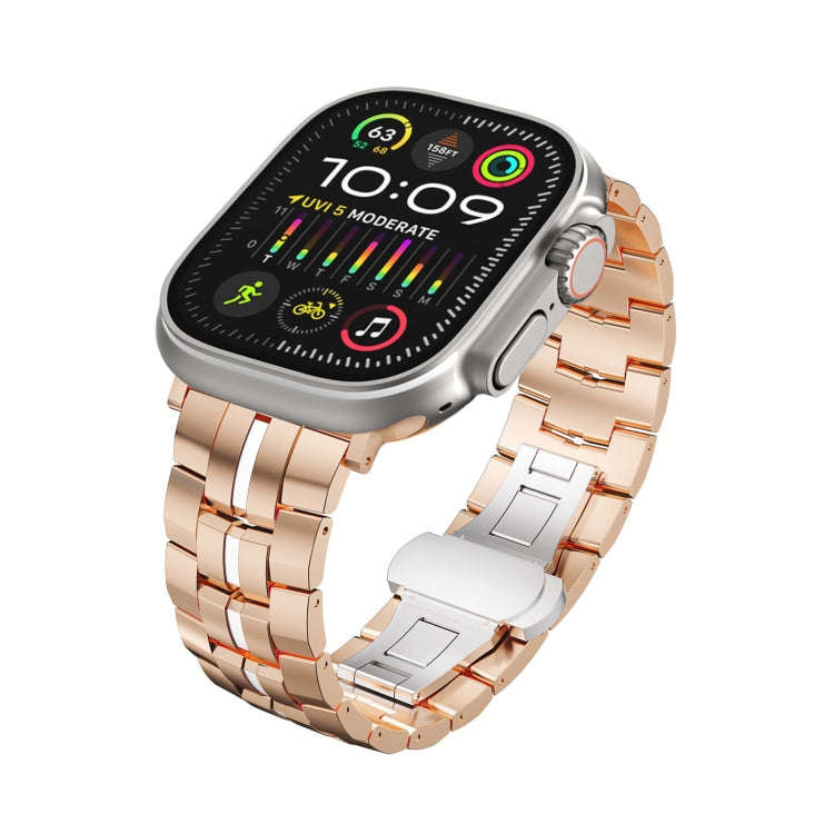 For Apple Watch Ultra 49mm Butterfly Buckle 5-Beads Metal Watch Band(Rose Gold White)