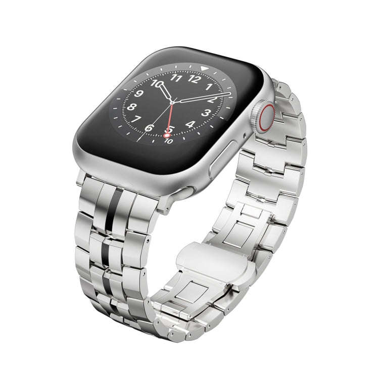 For Apple Watch SE 2022 44mm Butterfly Buckle 5-Beads Metal Watch Band(Silver Black)