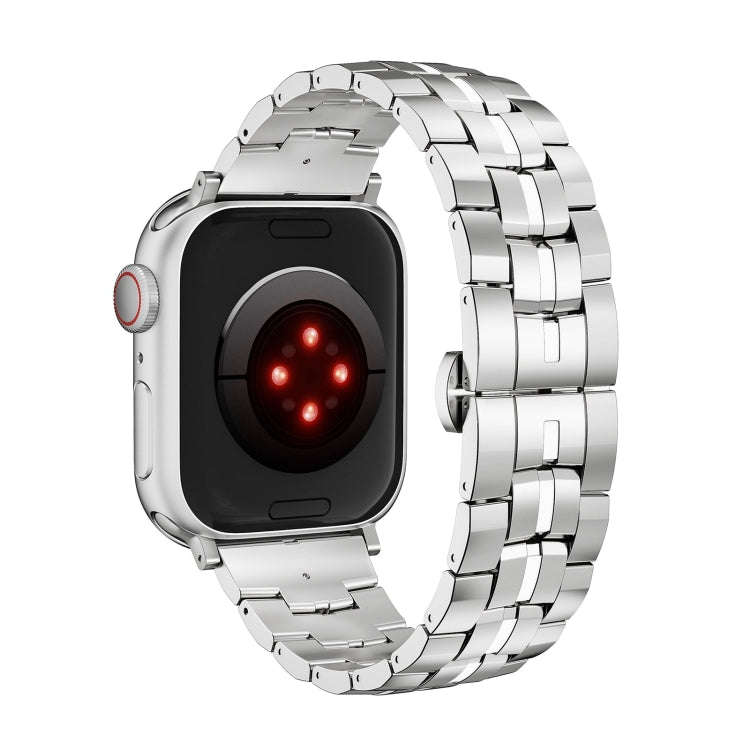 For Apple Watch SE 44mm Butterfly Buckle 5-Beads Metal Watch Band(Silver White)