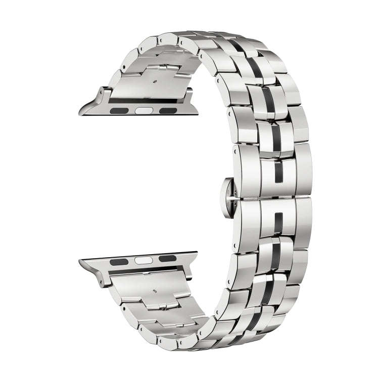 For Apple Watch Series 5 44mm Butterfly Buckle 5-Beads Metal Watch Band(Silver Black)