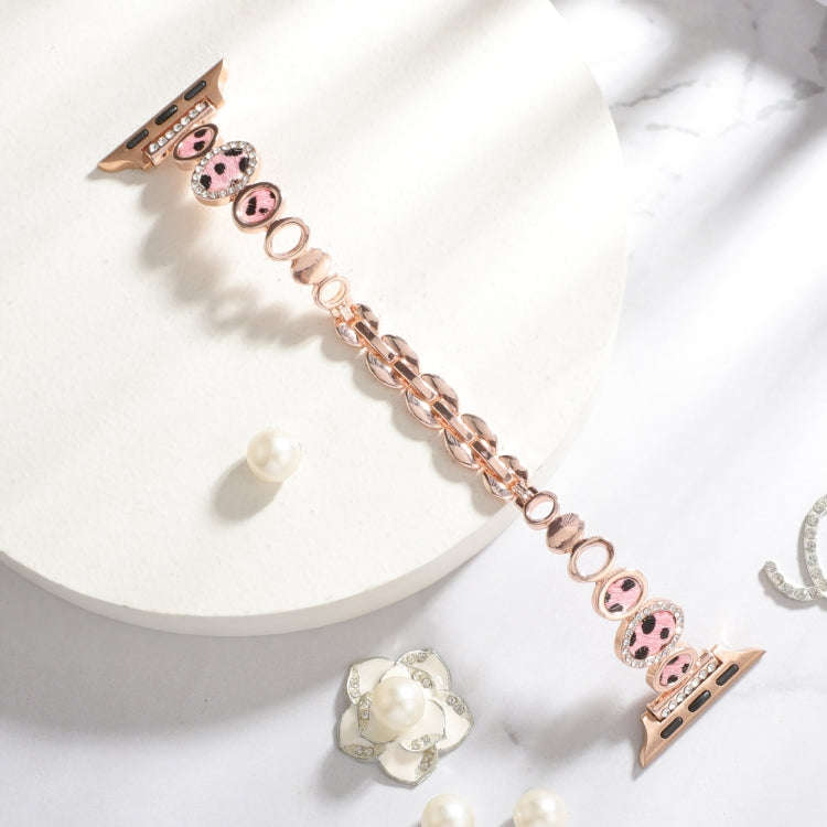 For Apple Watch SE 2023 44mm Leopard Rhinestones Metal Chain Watch Band(Rose Gold)