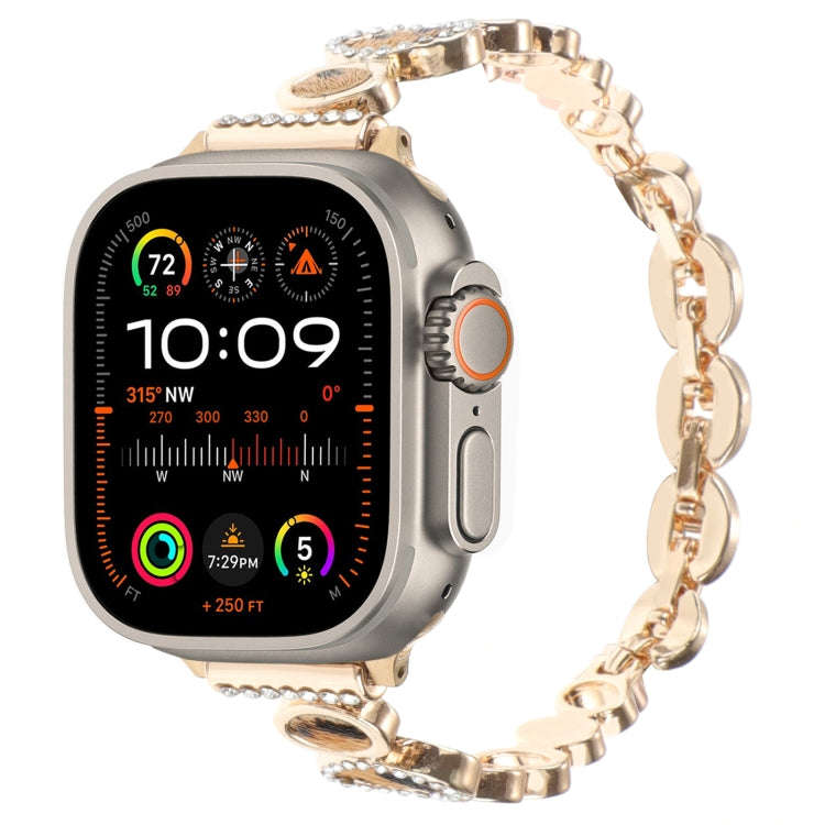 For Apple Watch Ultra 2 49mm Leopard Rhinestones Metal Chain Watch Band(Gold)